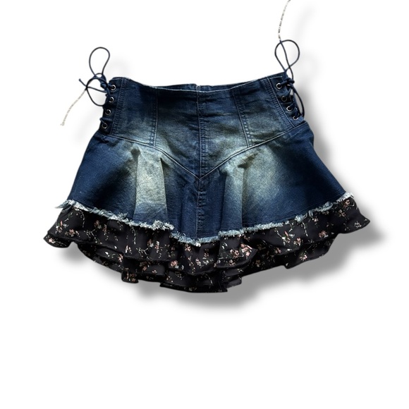 Dolls Kill Dresses & Skirts - DollsKill | Current Mood Pleated Floral Denim Side Lace Up Y2K Grunge Mini Skirt